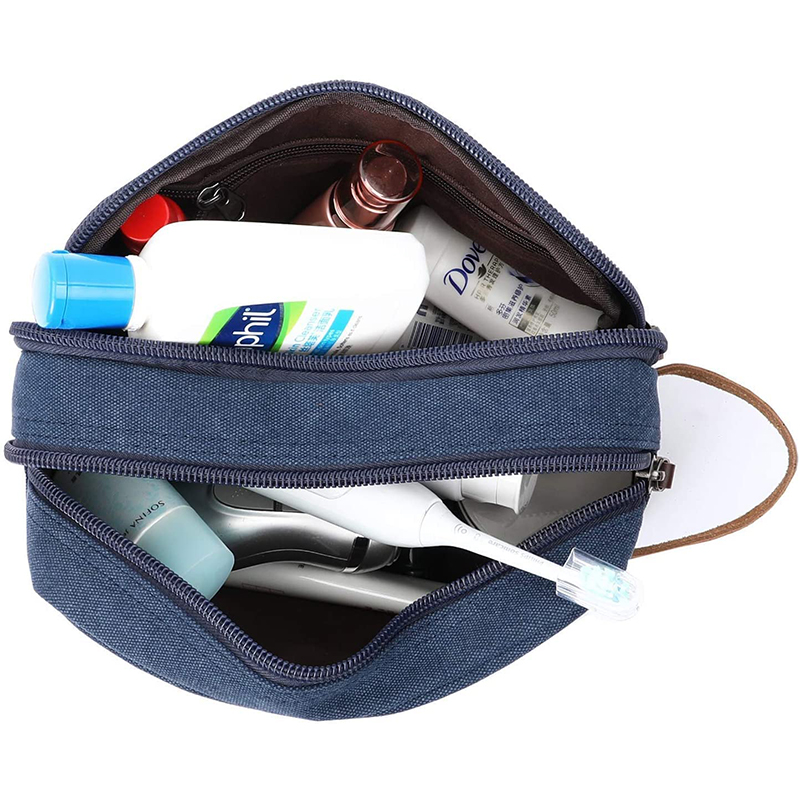 Mens Travel Toiletry Wash Bag Big Capacity Canvas Leather Cosmetic Makeup Organizer Shaving Dopp Kits with Double Compartments