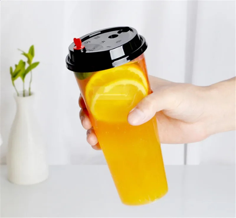 100 disposable transparent plastic cups cold drinks travel coffee juice tea with straw smooth PVC lids 240802