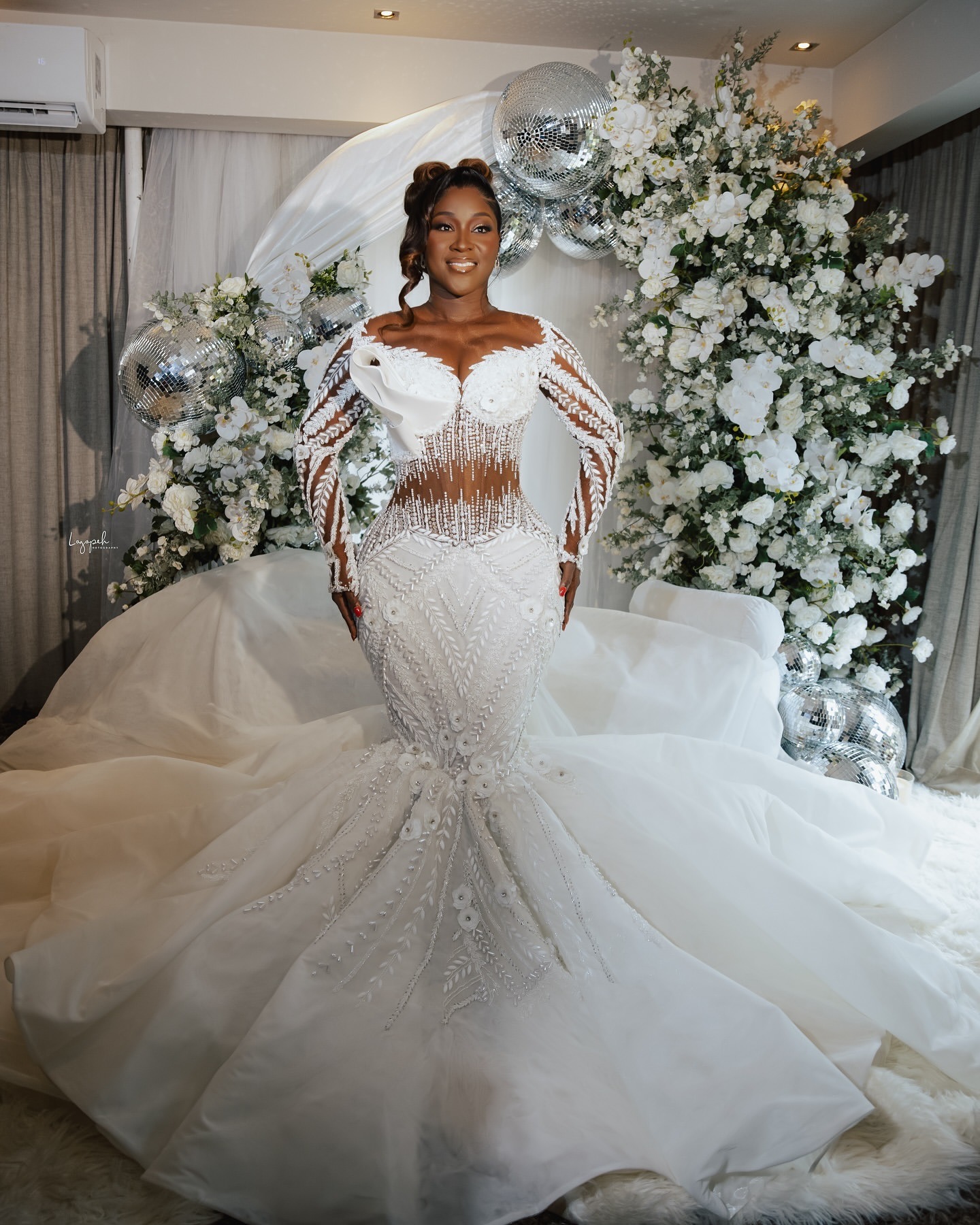 2024 Arabic Aso Ebi Plus Size White Mermaid Wedding Dresses Lacefull Pearls Full Sleeves Luxurious Bridal Gowns Dress ZJ056