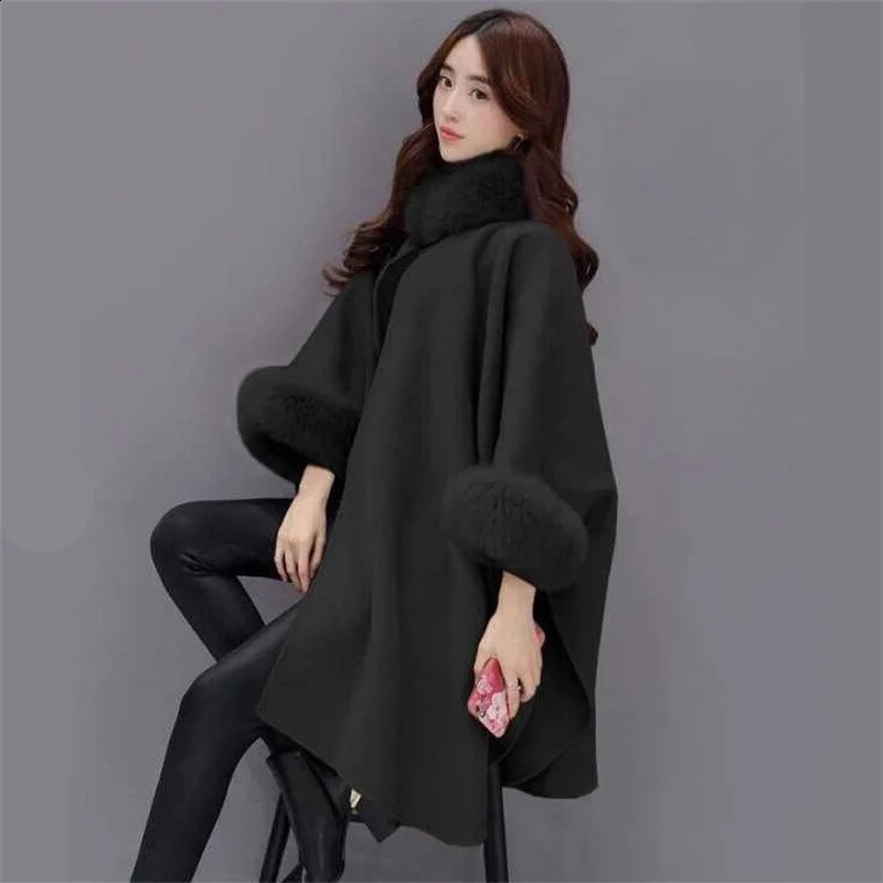 Winter Woolen Collar Poncho Jacket for Women Elegant Batwing Fluffy Sleeve Cloak Shawl Coat Fashion Long Cape Outwear Overcoat 240729