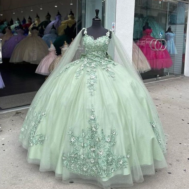 Sage Green Shiny Quinceanera With Cape Sweet 16 Dresses Ball Gown Applique Beads Tulle Birthday Gowns Vestidos 15 anos rosa