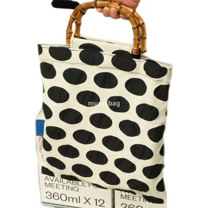 New high-quality retro polka dot black rice color scheme Pop style bamboo bag large capacity handbag double-layer