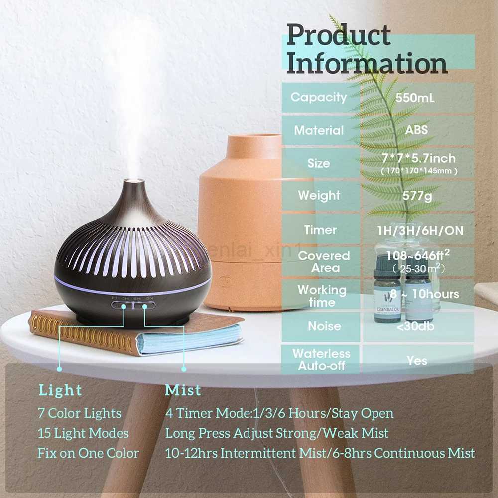 500ML Aromatherapy Essential Oil Diffuser Wood Grain Remote Control Ultrasonic Air Humidifier Cool with 7 Color LED Lights Y240806