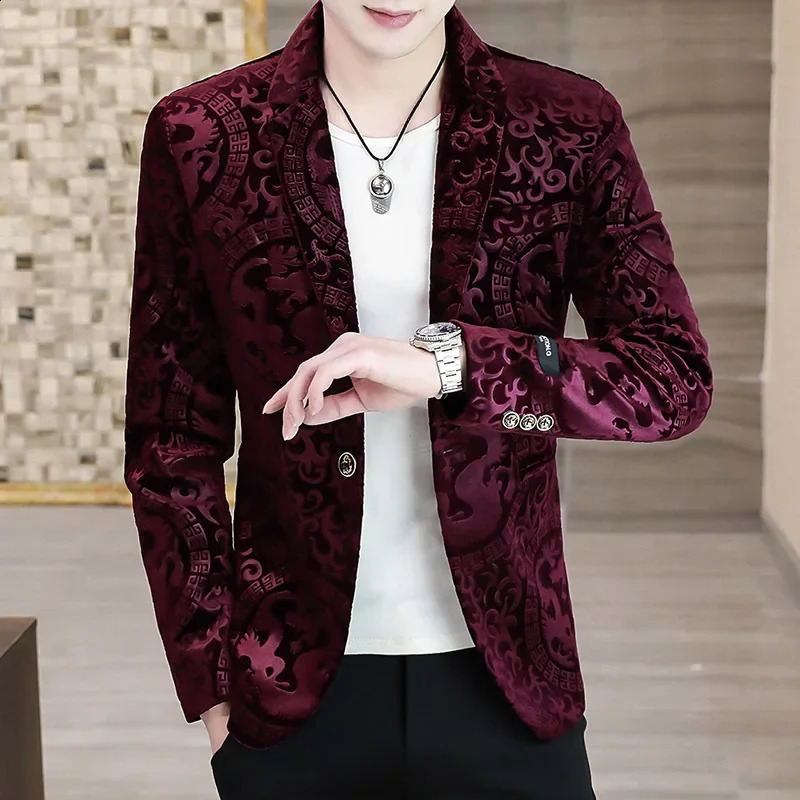 HOO Mens Gold Velvet Casual Slim Handsome Printed blazer 240802 - view 4