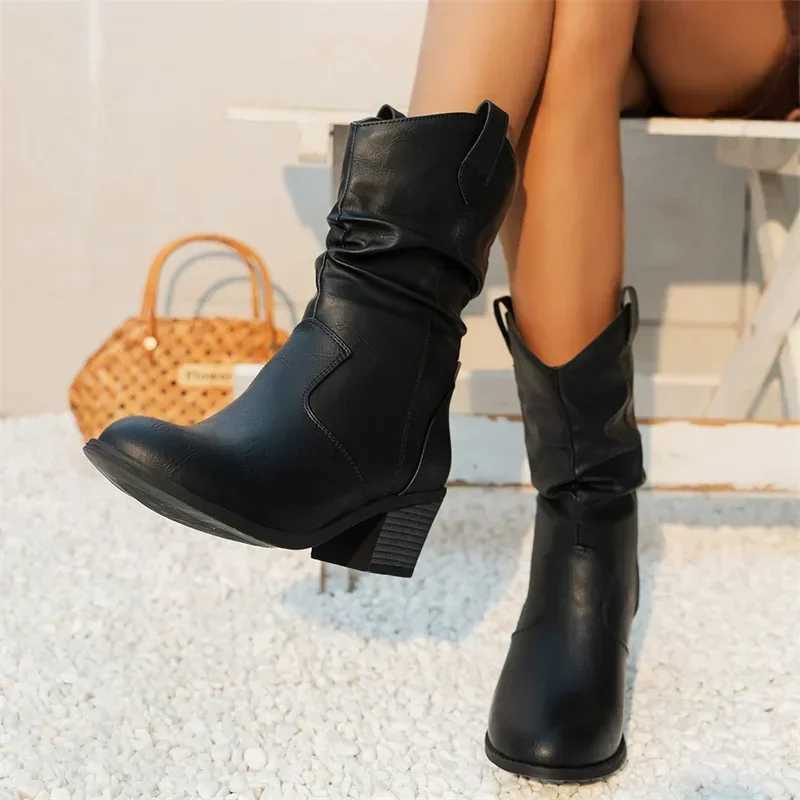 Womens Western style denim boots womens Plested ankle boots Pu leather shoes autumn boots womens boots womens Plus size 42 CL240907