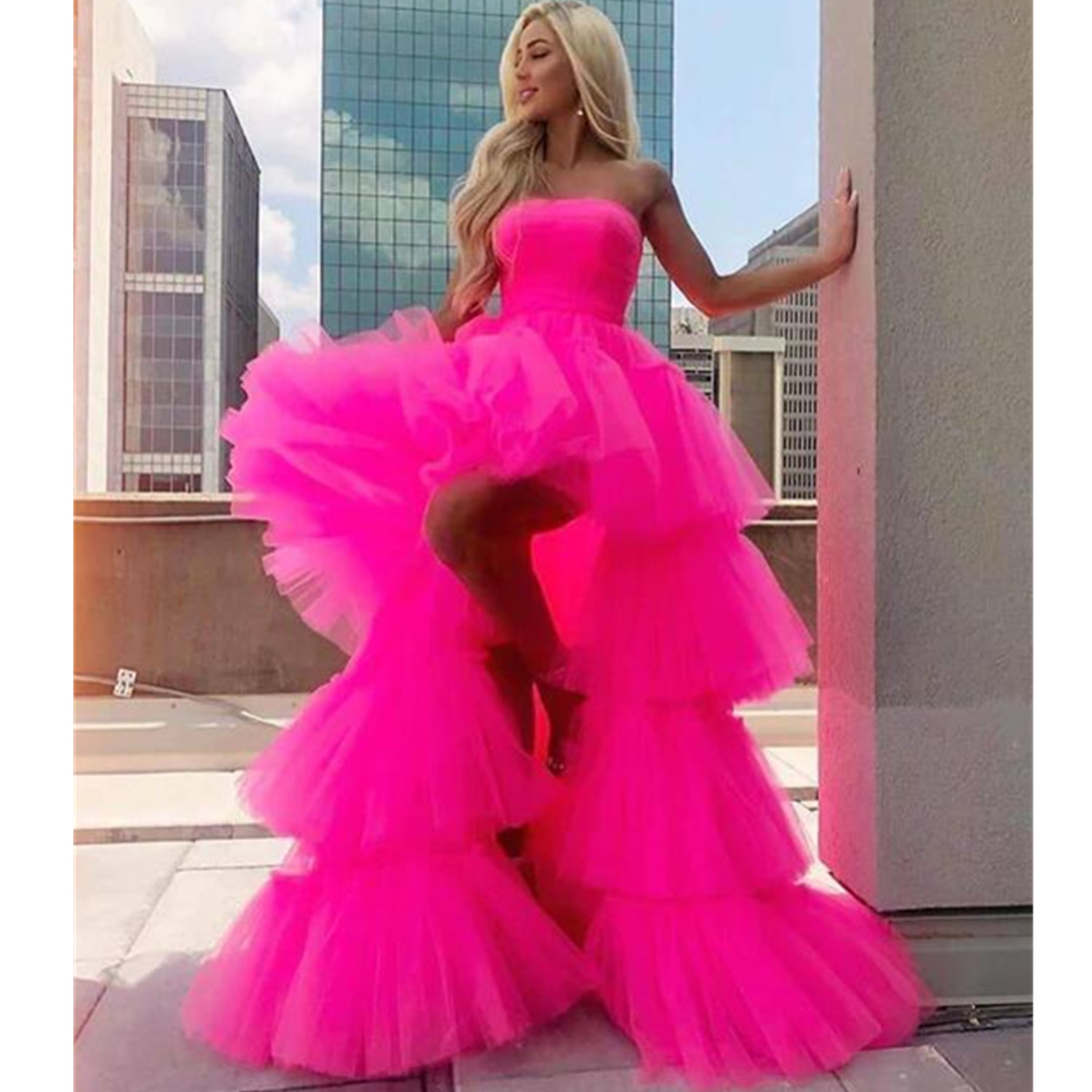 Hot Pink High Low Prom Dresses Strapless Ruffles Special Formal Party Gowns for Women Custom Evening Gowns Cocktail Party Dress Homecoming Gowns Custo