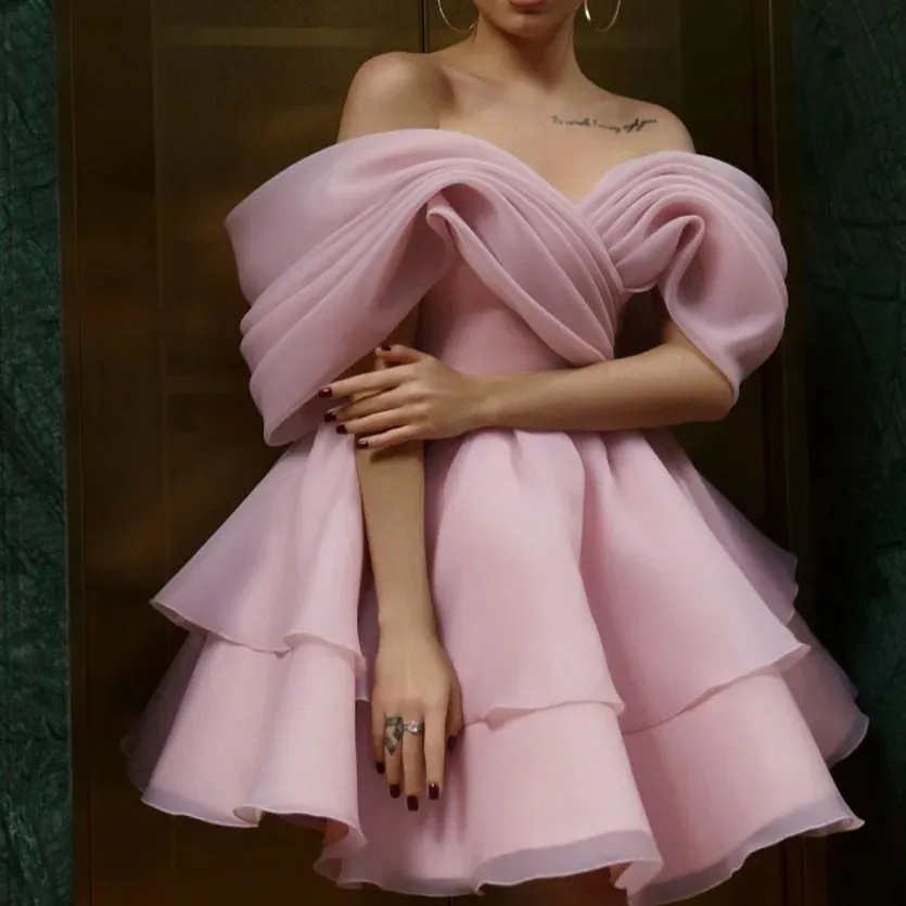 Sexy Pink Homecoming Dresses Prom Evening A-line Organza Off Shoulder Short Mini Party Graduation Cocktail Birthday Holiday Club Gowns Dress
