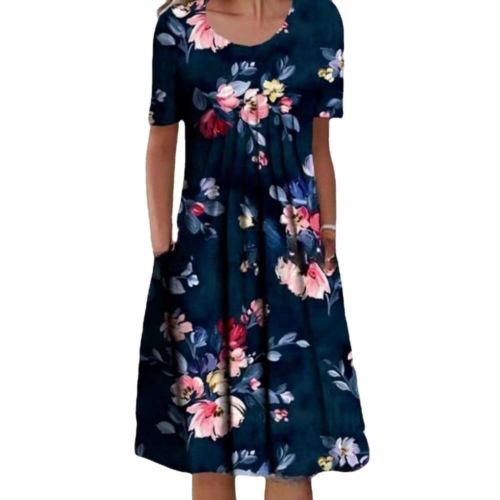 2024 Temu New Fashion Round Neck Short Sleeve Large Printed Long Dress Women Temperament Self-cultivation Bifurcated Loose BOHO DRESS High Waist Dress