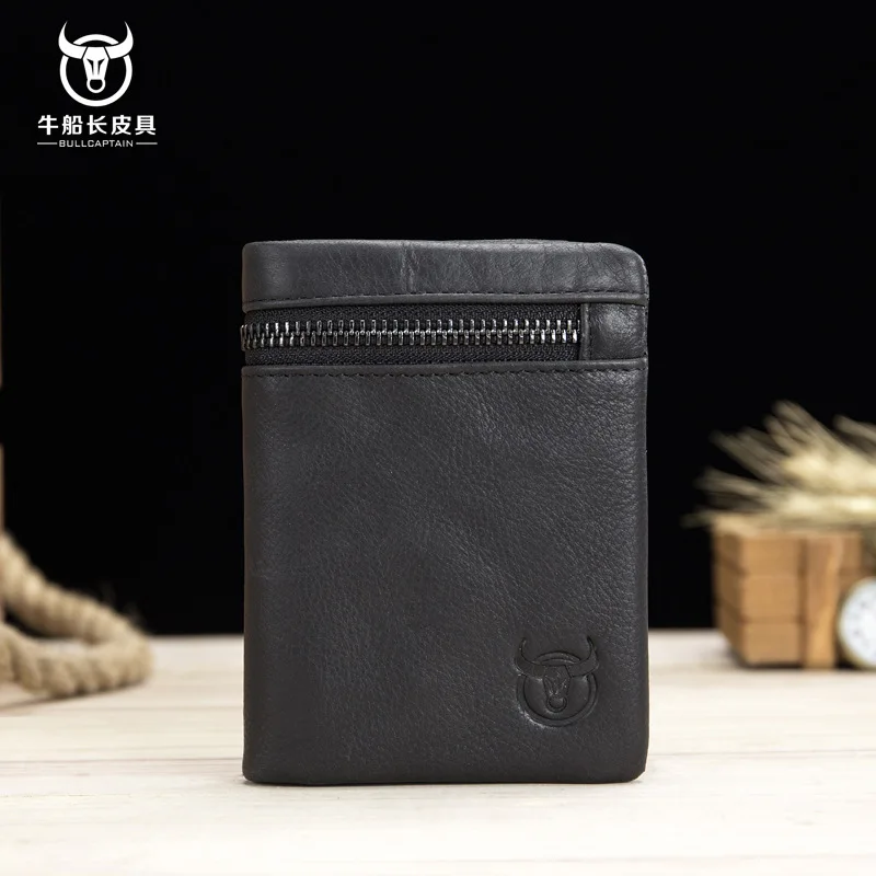 BULLCAPTAIN 2025 MEN Coffee Cow Leather Wallet Coin Pocket Money Purse Bag Card Holder Short Trifold Hasp Zipper Wallet