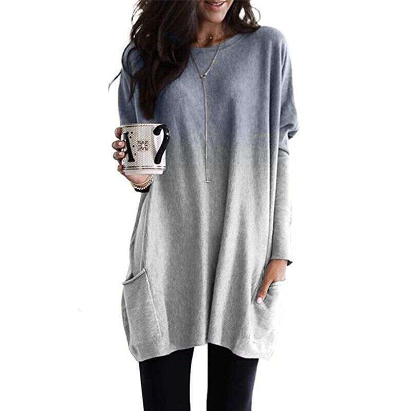 2024 Gradient Long Sleeved Casual Pocket T-shirt Top for Women Fishtail Dress Long Summer Dress Waist Novelty Loose Sexy Bifurcated Round Neck Dress L