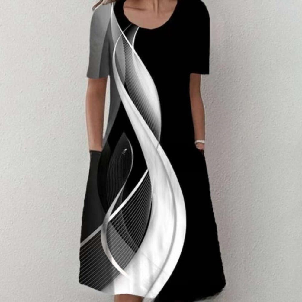 2024 Temu New Fashion Round Neck Short Sleeve Large Printed Long Dress Women Temperament Self-cultivation Bifurcated Loose BOHO DRESS High Waist Dress