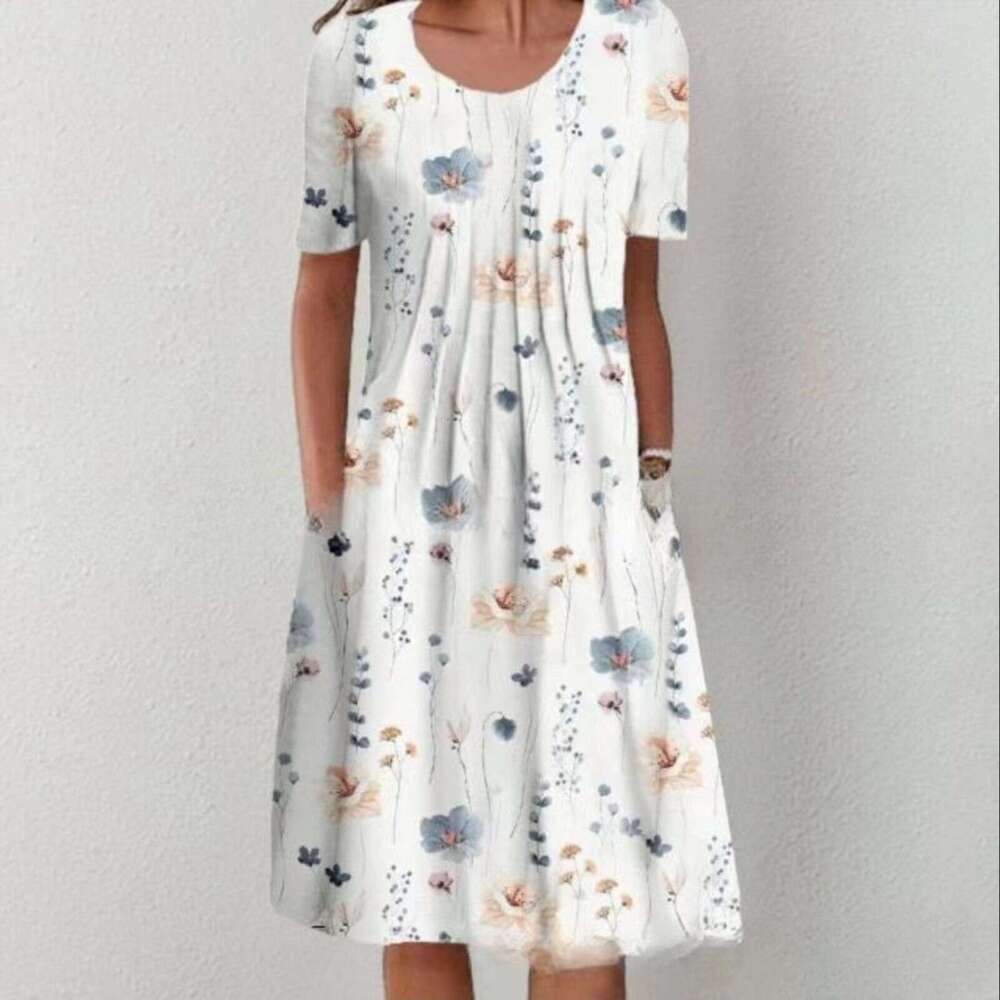 2024 Temu New Fashion Round Neck Short Sleeve Large Printed Long Dress Women Temperament Self-cultivation Bifurcated Loose BOHO DRESS High Waist Dress