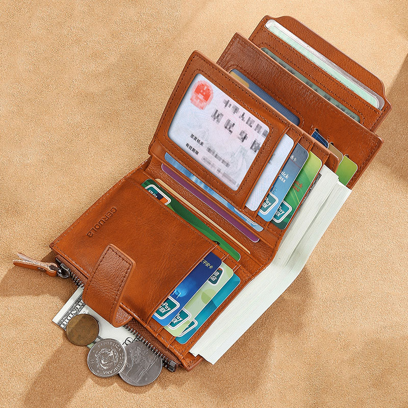 Men's Vertical Vintage Genuine Leather Wallet RFID Blocking Zipper Coin Purse Business Card Holder Bag Wallet Man