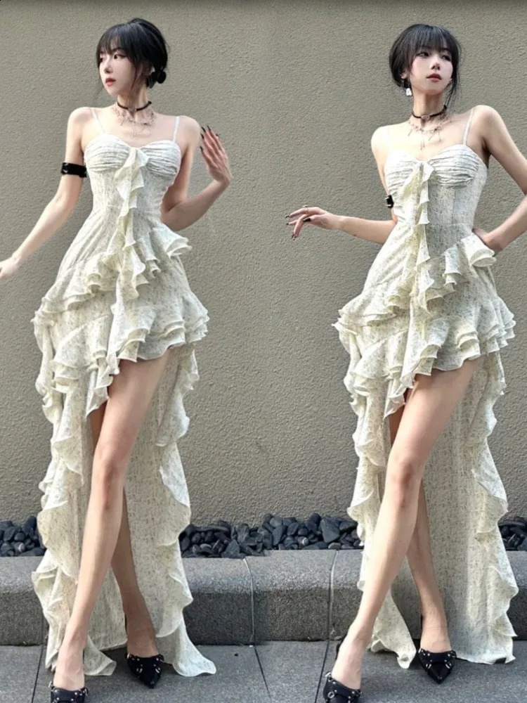 Y2k Spaghetti Strap Irregular Dress Women Layered Ruffles Slim Sexy Party Dress Spring Prom Robe Wedding Vestidos Mujer