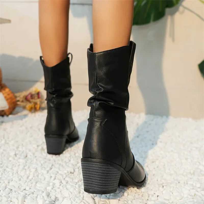 Womens Western style denim boots womens Plested ankle boots Pu leather shoes autumn boots womens boots womens Plus size 42 CL240907