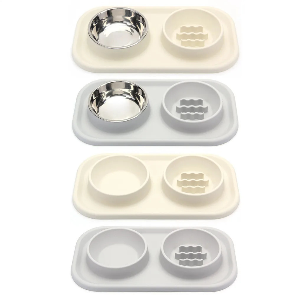Pet Supplies Silicone Cat Anti-knockover Slow Food Plate Stainless Steel Small And Medium-sized Dog Double Bowl 240802 26W0330