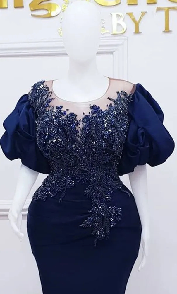 Navy Blue Aso Ebi Mermaid Appliques Beaded Prom Dresses Luxury Formal Party Second Reception Birthday Engagement Evening Gowns Dresses Robe De Soiree