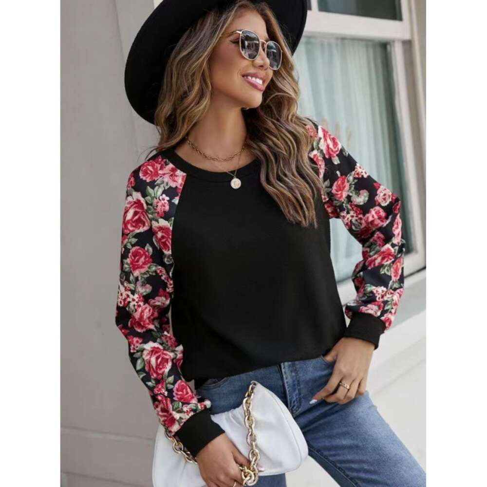 Autumn New Printed Splicing Fashion Versatile Casual Hoodie Round Neck Long Sleeve Women's Wear