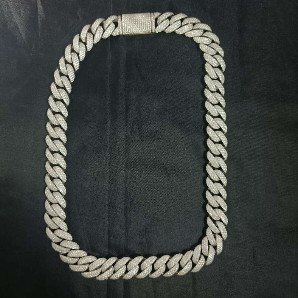 Customized 14mm 3 rows Sterling Sier S Hiphop vvs moissanite cuban link chain necklace