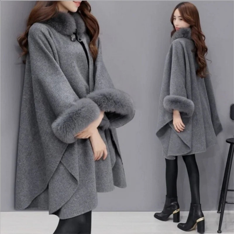 Winter Woolen Collar Poncho Jacket for Women Elegant Batwing Fluffy Sleeve Cloak Shawl Coat Fashion Long Cape Outwear Overcoat 240729