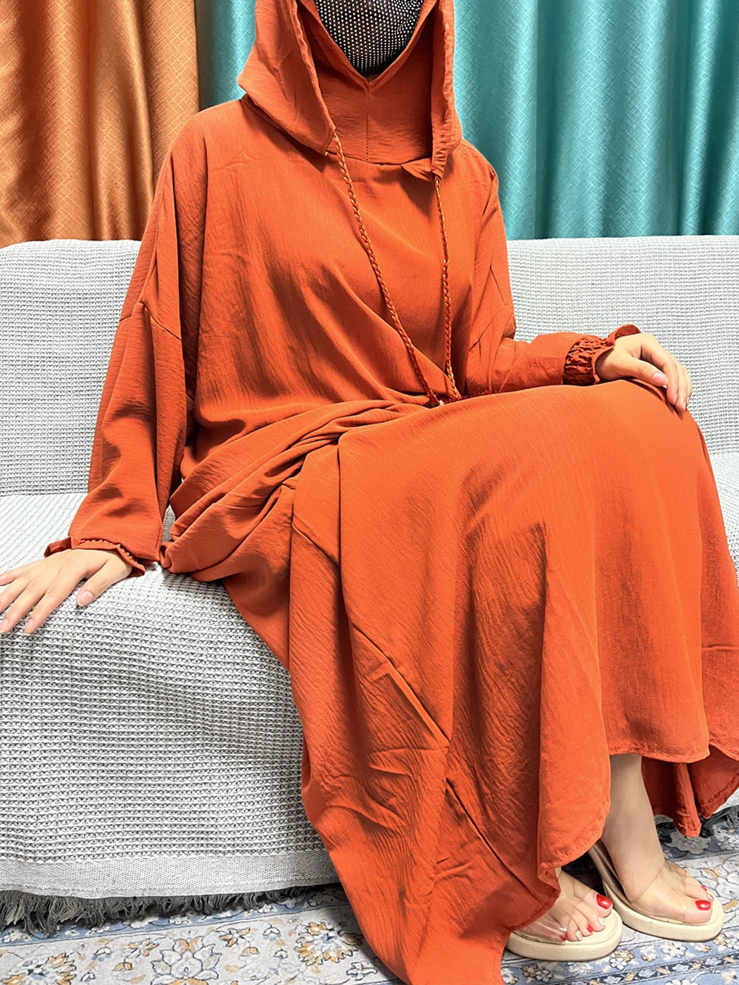 2024 Muslim Cotton Long sleeved Prayer Two piece Hooded Abayas For Women Solid Color Loose Femme Robe African Dubai Islam Dress 240802