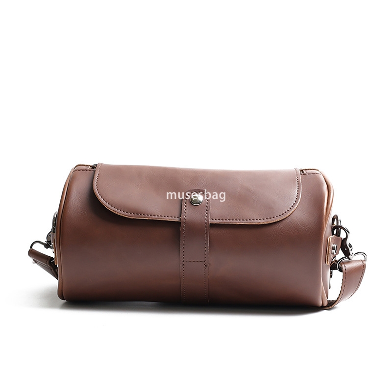 Single bag men's fashion retro large capacity cylindrical bag Crazy Horse PU leather men's single shoulder small shoulder bag crossbody bag