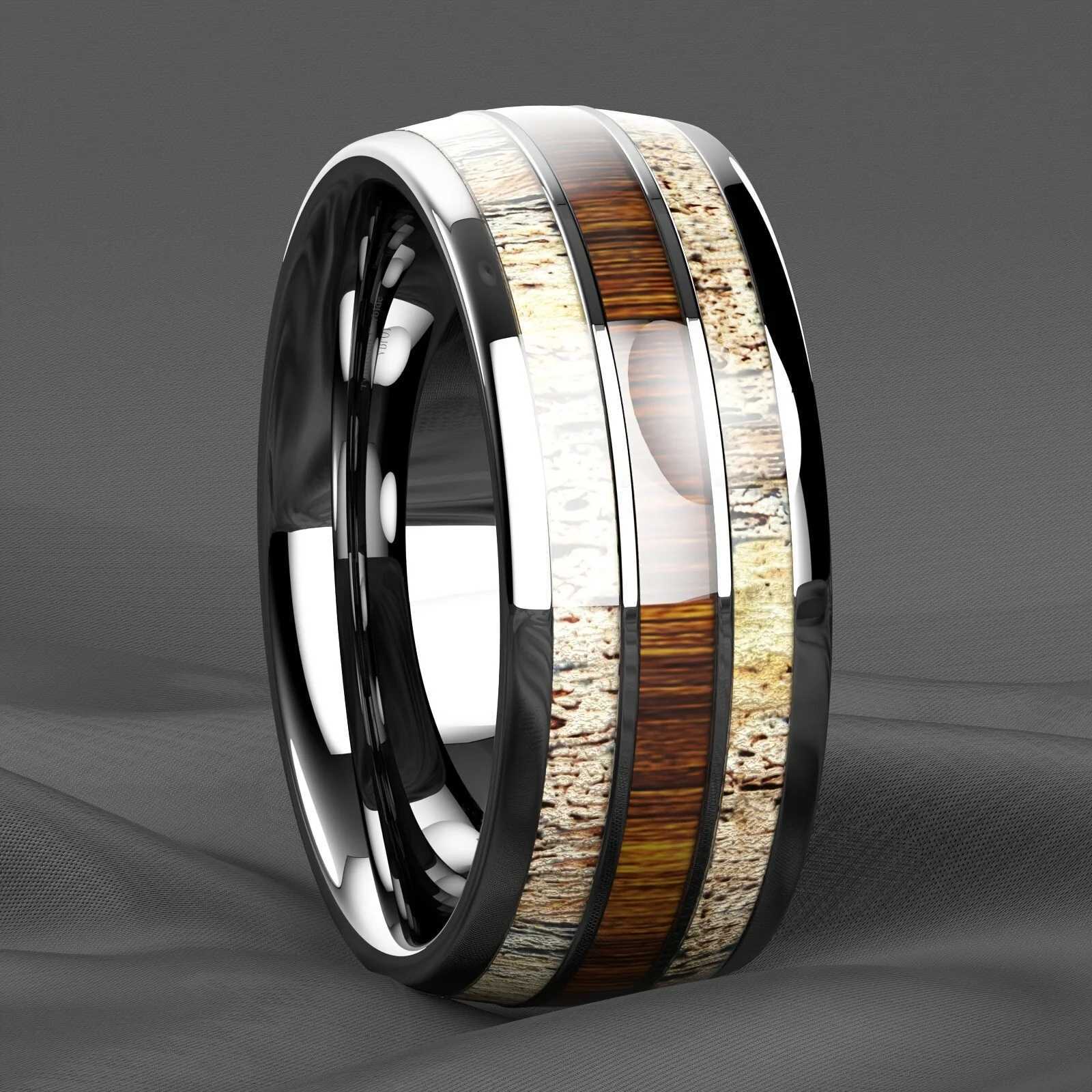 Fashion silver mens stainless steel ring Koa Wood Deer Antler inlaid dome engagement ring womens wedding jewelry W240802