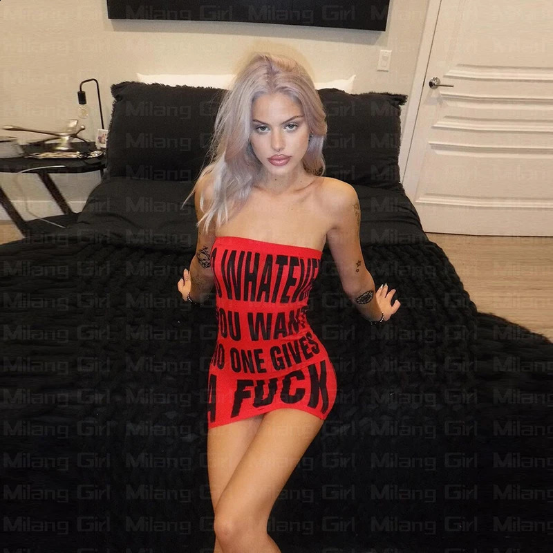 Red Dress Letter Slogan Printed Bodycon Y2k Clubwear Sexy Trendy Tube Top Mini Dresses Summer Clothes for Women Fashion Sexy 240802