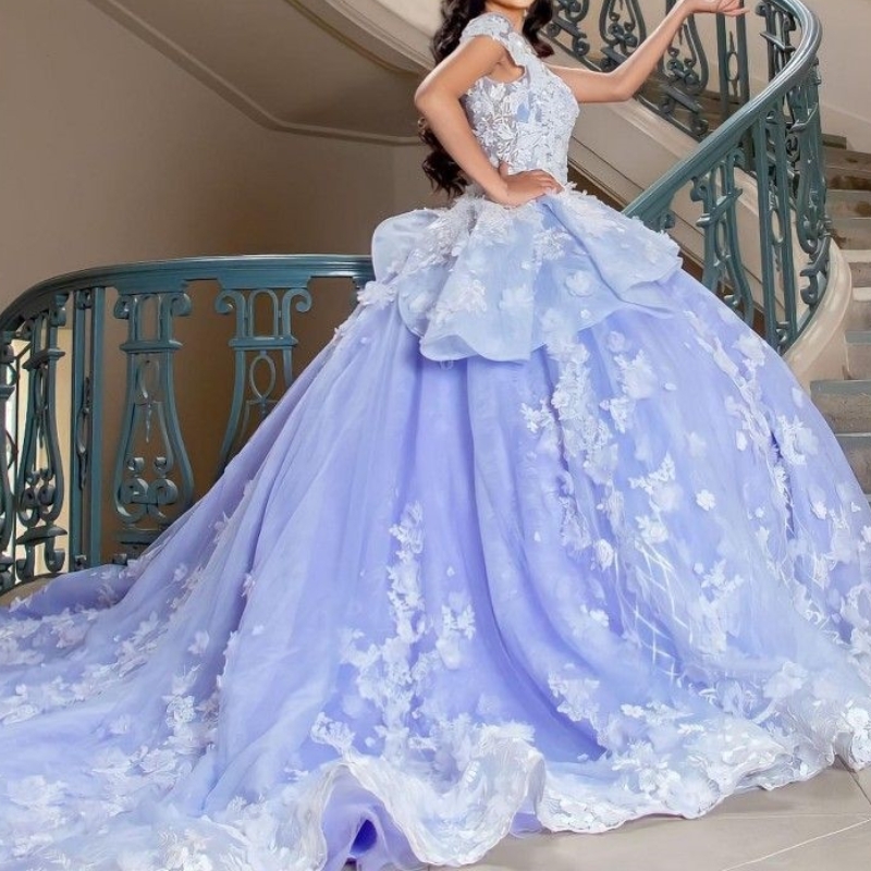 Light Lavender Quinceanera Dresses Ball Gown Off The Shoulder Appliques Beading 3D wer Sweet 16 Dress Vestidos 15 anos rosa