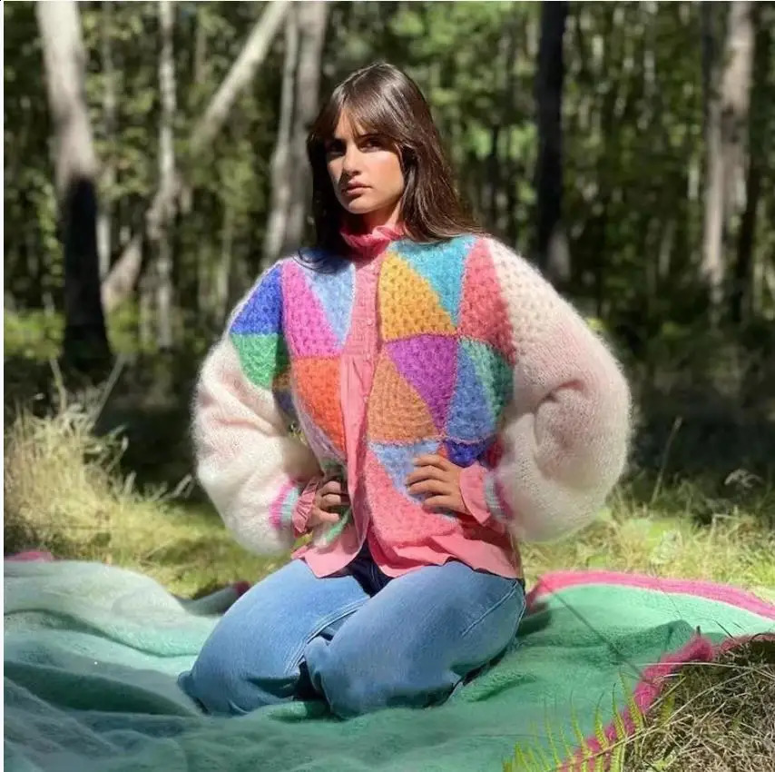 Vintage Contrast Stripe Cropped Cardigan Lantern Sleeve Loose Rainbow Knitted Tops Coat Women Fashion Sweater Street Wear 240802