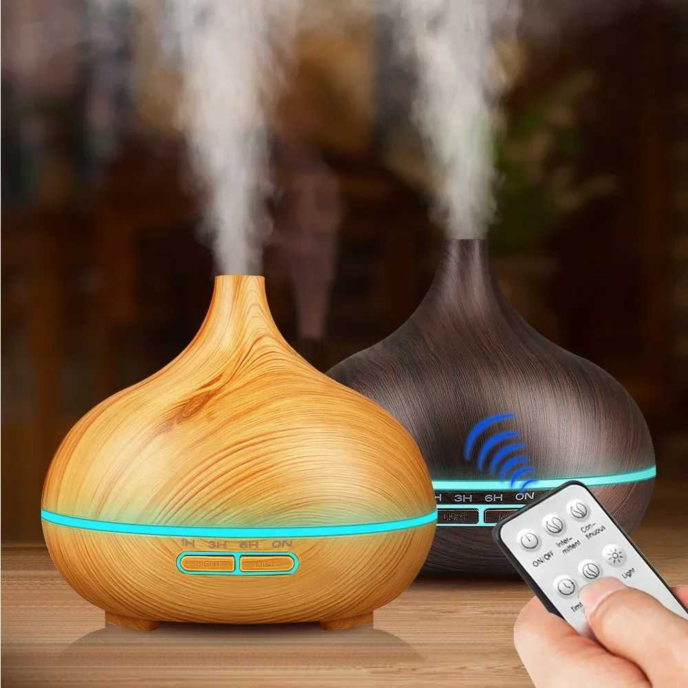 500ml Air Humidifier Aromatherapy Essential Oil Diffuser Wood Grain Ultrasonic Remote Control 7 Color Lights For Home Bedroom Y240806