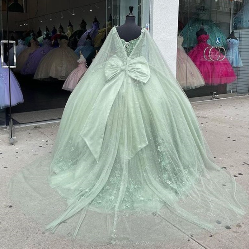 Sage Green Shiny Quinceanera With Cape Sweet 16 Dresses Ball Gown Applique Beads Tulle Birthday Gowns Vestidos 15 anos rosa