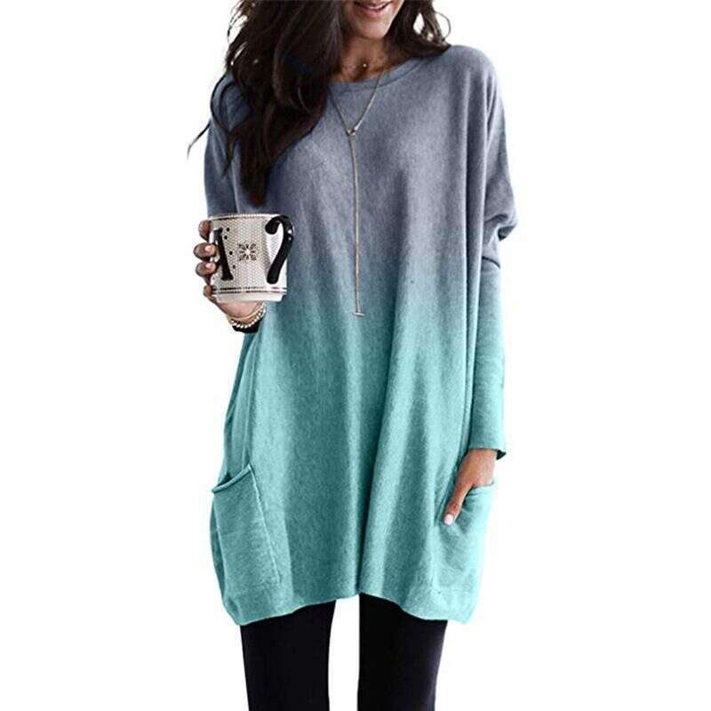 2024 Gradient Long Sleeved Casual Pocket T-shirt Top for Women Fishtail Dress Long Summer Dress Waist Novelty Loose Sexy Bifurcated Round Neck Dress L