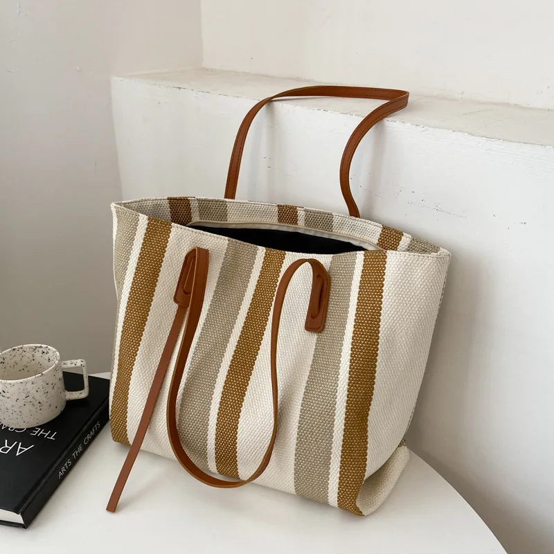 Raffia Summer Bags for Woman 2024 Stripe Designer Shoulder Crossbody Shopper Storage Bag Women Casual Canvas Handbag Tote Bag