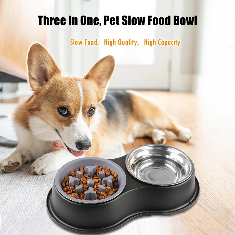 3 In 1 Triple Dog Removable Stainless Steel Pet Slower Bowl Anti-choking Food Water Feeder For Dogs Cat Accessories 240802 26W0330