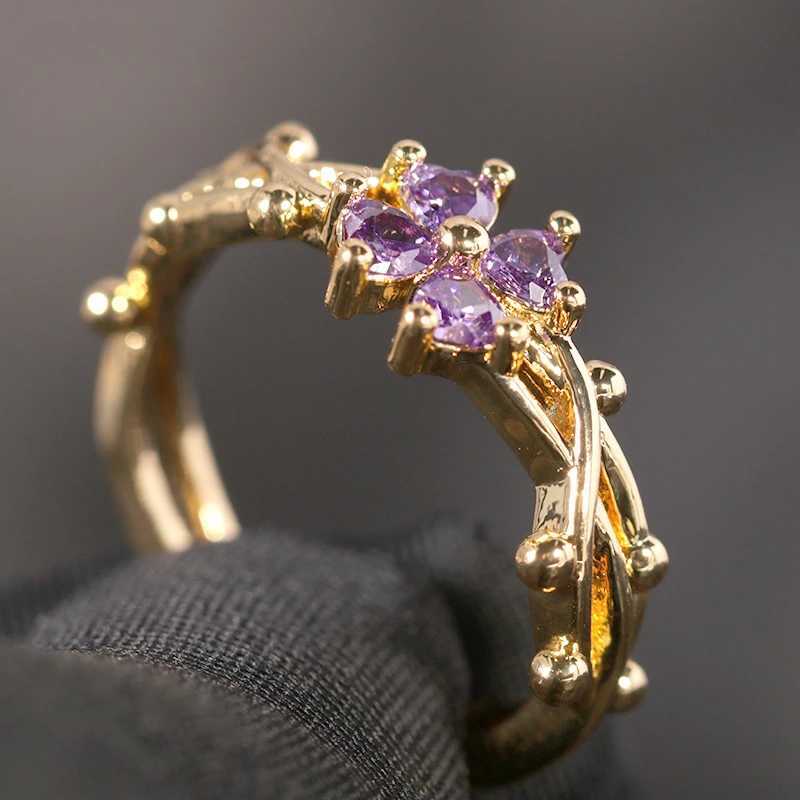 Cute and romantic purple zirconia flower adjustable ring suitable for women new charm gold stainless steel finger jewelry gift W240802