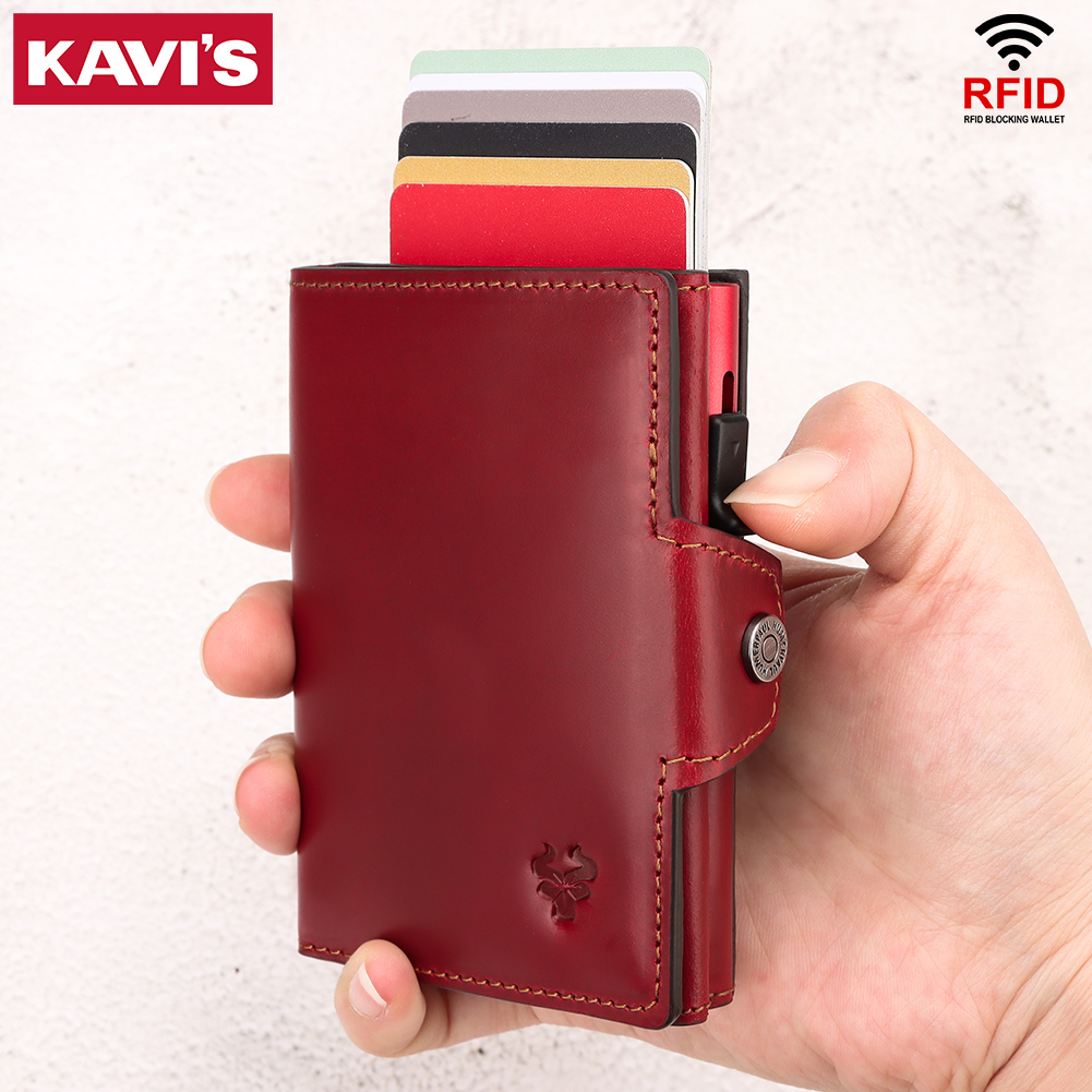 New Automatic Card Holder Genuine Leather Women's Wallet RFID Blocking Credit Cardholder Fashion Money Clips with Zipper Pocket