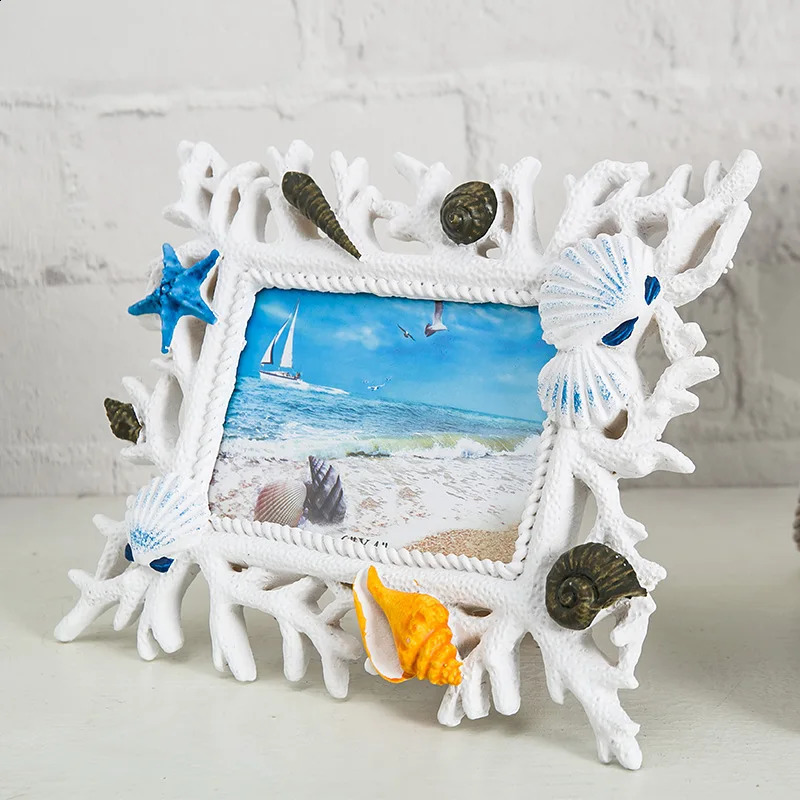6in Mediterranean Coral Shell Resin Creative Wedding Po Stand Table Ornament Picture Frame Gifts Home Decor 240802 H260306