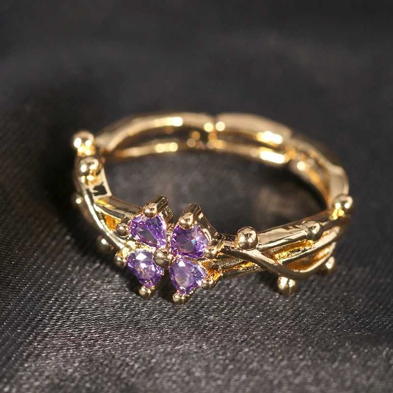 Cute and romantic purple zirconia flower adjustable ring suitable for women new charm gold stainless steel finger jewelry gift W240802