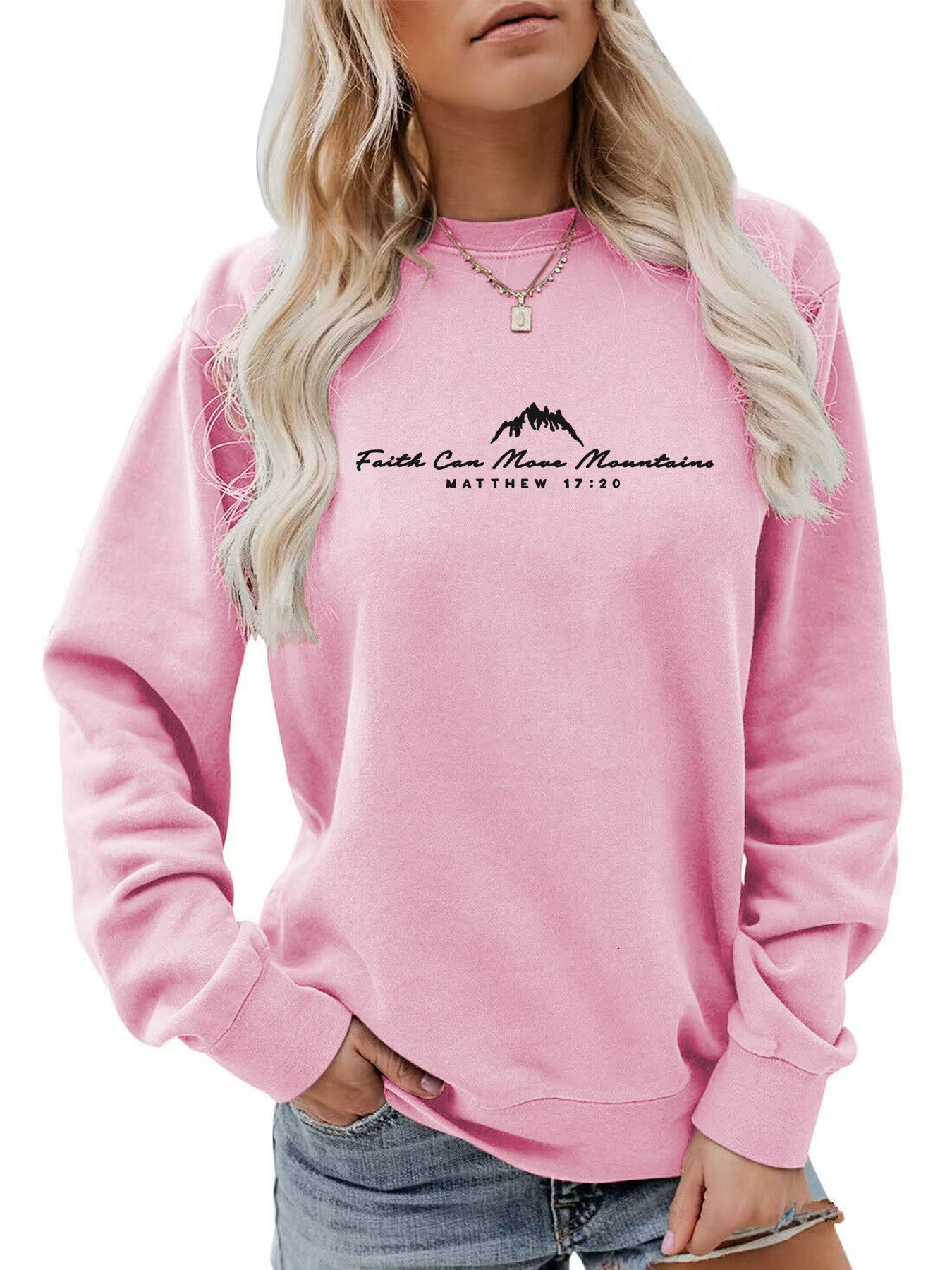 Autumn and winter women's back pocket collar plus veet round neck Faith Can Move Mountains printed sweatshirt