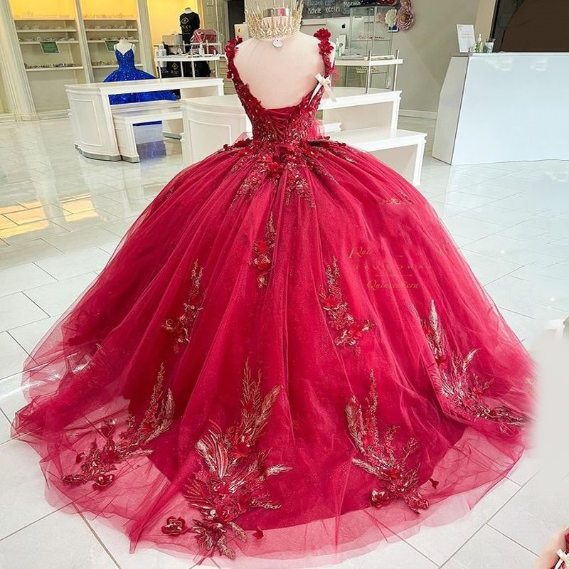Red Shiny Quinceanera Dresses Ball Gown Beaded Sparkly wers Appliques Lace Crystal With Cape Sweet 15 16 Dress Prom Party