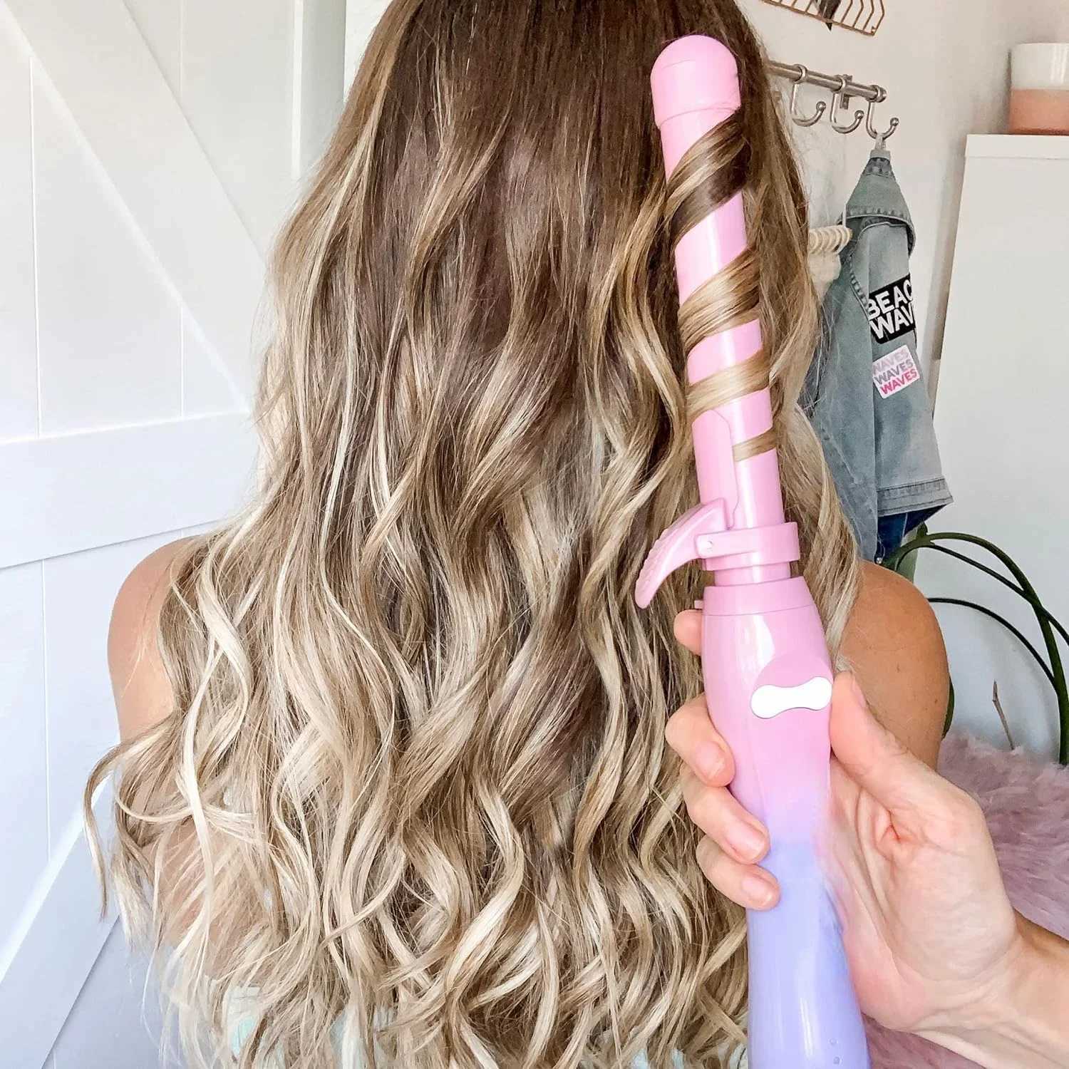 Beachwave B1 Pink Sunset Rotating Curg Iron -1-Inch Bucket Suitable For All Hair Types Automatic - Easy To Use Curler W240803