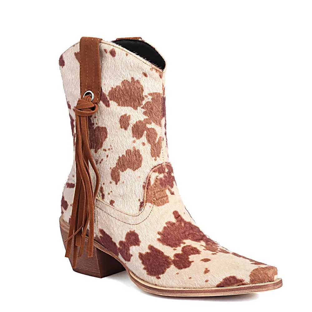 Brand new high-quality retro nodding horse head cowboy boots for women 2024 retro leopard block high heels and sneakers in large size 43 CL240906