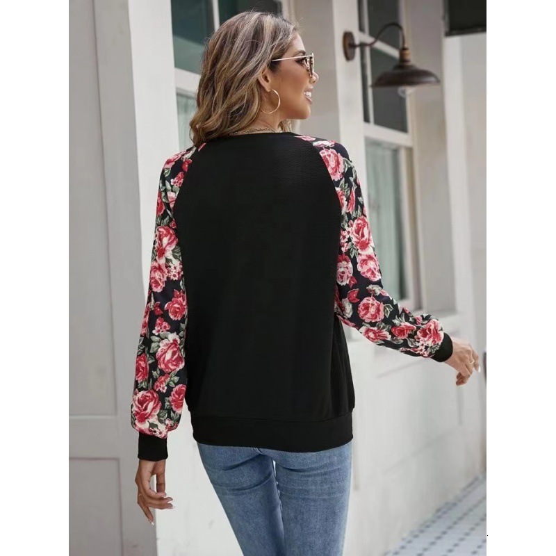 Autumn New Printed Splicing Fashion Versatile Casual Hoodie Round Neck Long Sleeve Women's Wear