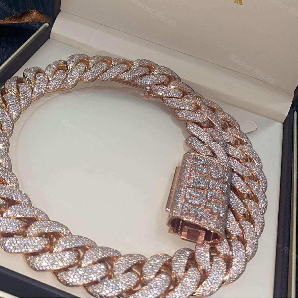 Rose Gold 20mm 5 Rows Vvs Diamonds Pass Tester Sterling Sier Miami Cuban Chain Moissanite