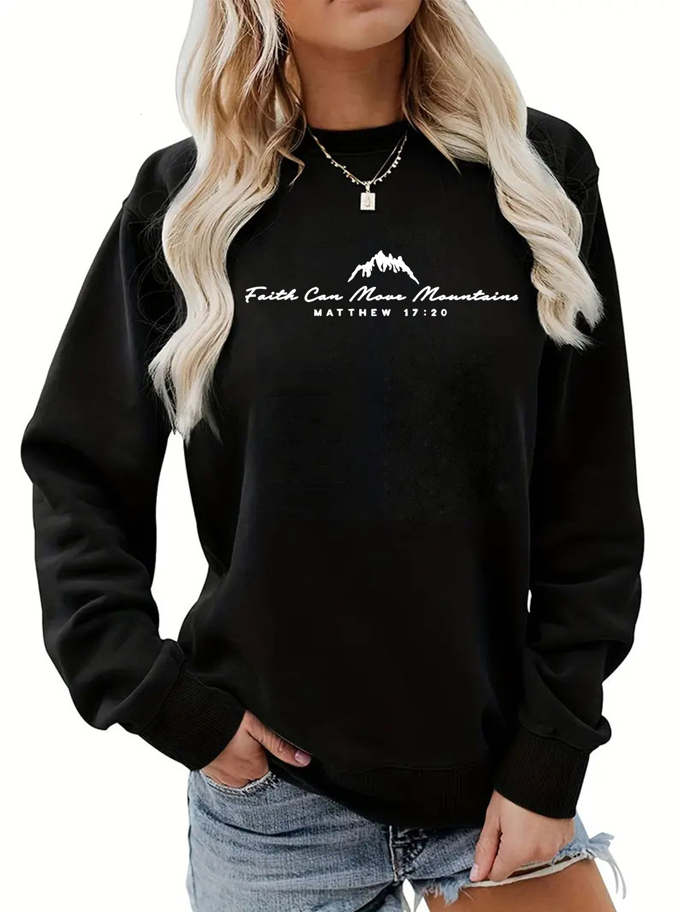 Autumn and winter women's back pocket collar plus veet round neck Faith Can Move Mountains printed sweatshirt