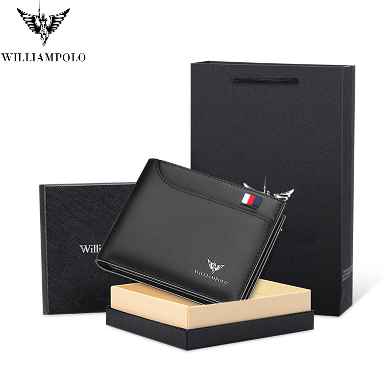 WILLIAMPOLO Men's Slim Wallet Genuine Leather Mini Purse Casual Design Wallet Fashion Brand Short Small Pouch Gift 181342
