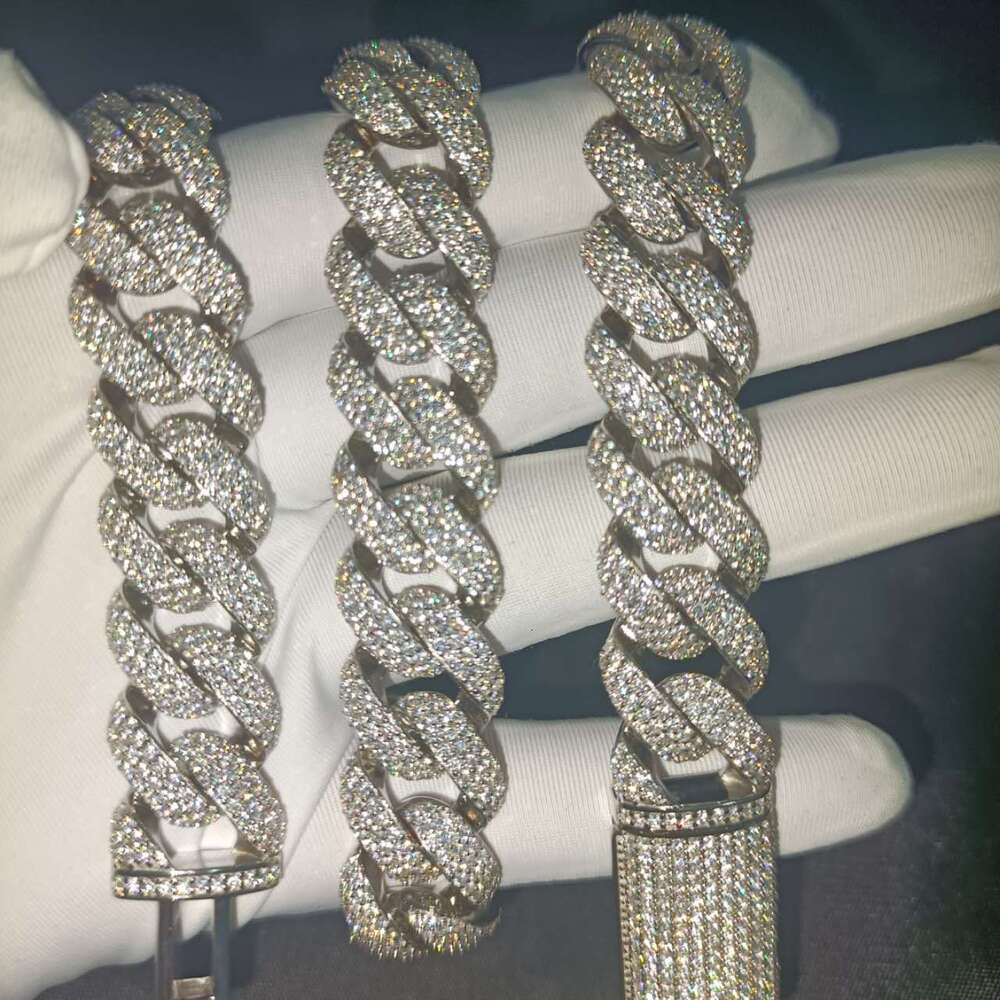 Customized 14mm 3 rows Sterling Sier S Hiphop vvs moissanite cuban link chain necklace