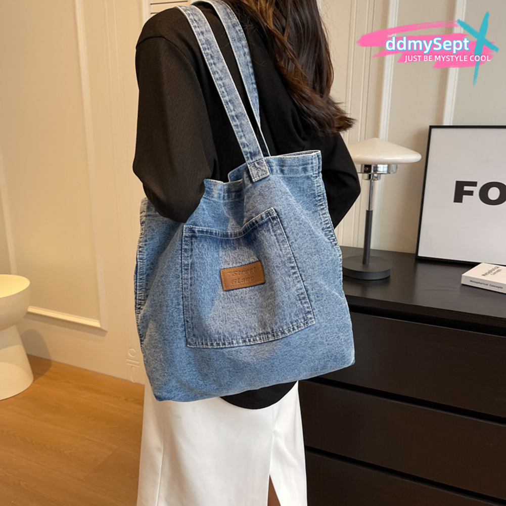 Women Shoulder Large Capacity Denim Tote Solid Color Clutch Simple Female Commuter Handbag Crossbody Bag H7.3#27 ddmySept