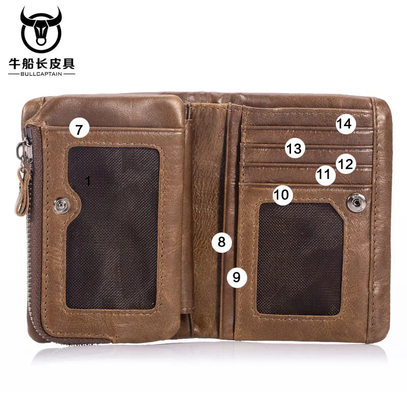 BULLCAPTAIN 2025 MEN Coffee Cow Leather Wallet Coin Pocket Money Purse Bag Card Holder Short Trifold Hasp Zipper Wallet